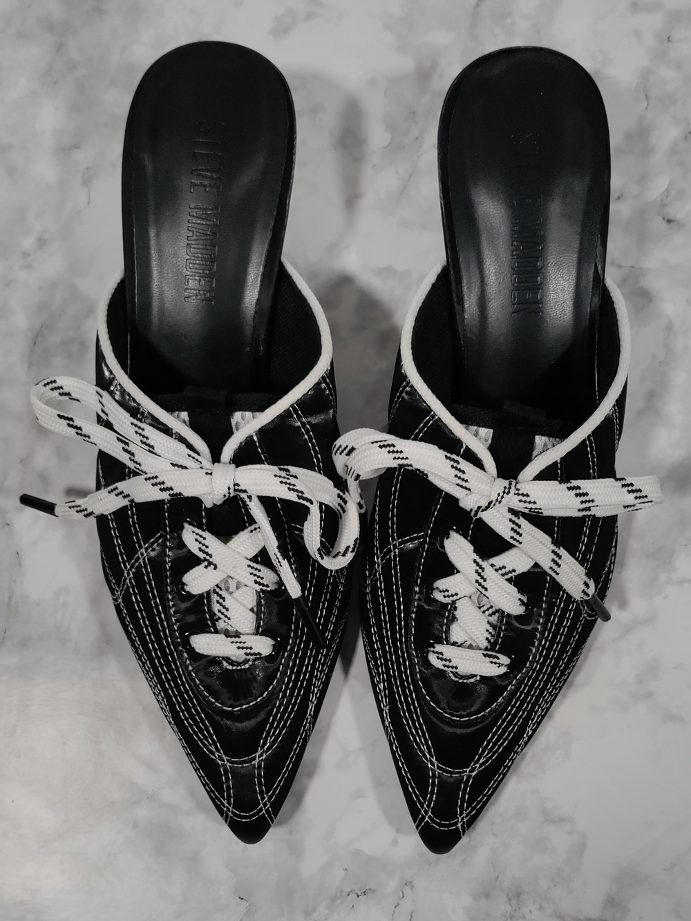 Steve Madden Kirby Black White Lace-Up Pointed Toe Mule Heels Size 5.5